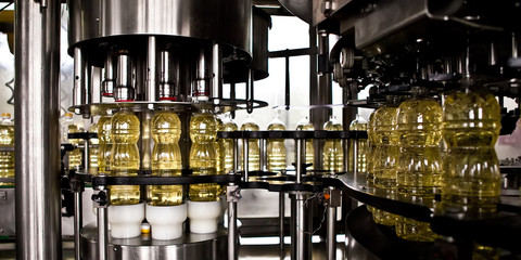 Sunflower oil in the bottle moving on production line. Shallow dof.