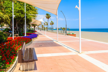 Flowers on beach promenade in Estepona town on Costa del Sol, Spain