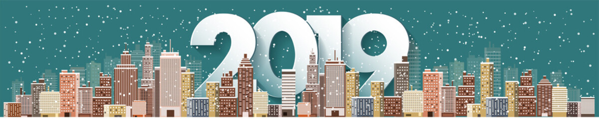 2019. Winter urban landscape. City with snow. Christmas and new year. Cityscape. Buildings.Vector illustration.Lettering.