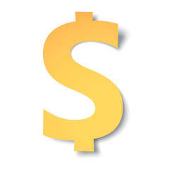 yellow-gold dollar mark carved from paper with soft shadow.Vector