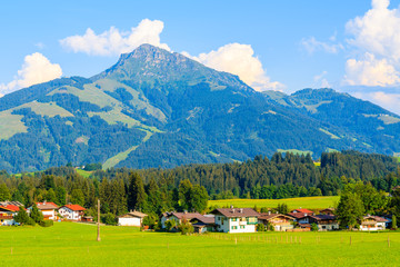 Fototapeta na wymiar Houses on green meadow in Going am Wilden Kaiser village on sunny summer day against Alps mountains background , Tyrol, Austria