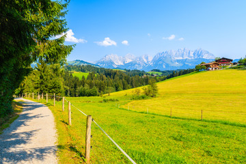 Walking and cycling route along green meadow in Gieringer Weiher mountain area, Kitzbuhel Alps,...