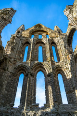 Whitby Abbey North Yorkshire Coast UK. Perched high on a cliff, the haunting remains of Whitby Abbey were inspiration for Bram Stoker's gothic tale of 'Dracula'. 