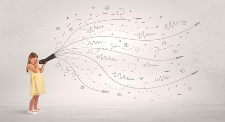 Cute girl looking in spyglass with doodle arrow concept
