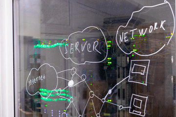 The scheme of the communication network drawn on the glass wall of the server room of the data center