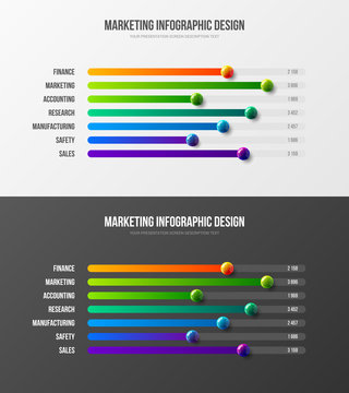 Premium Quality Marketing Analytics Presentation Vector Illustration Template Bundle. Business Data Horizontal Bar Chart Design Layout. Amazing Colorful 3D Balls Corporate Statistics Infographic Set.