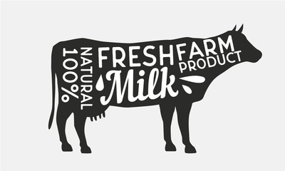 Fresh Milk - trendy retro poster. Cow silhouette. Vintage poster template. Vector illustration.