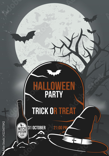 halloween party poster tombstone with bottle witch hat and bats