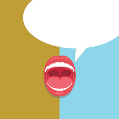 Flat design business Vector Illustration concept Empty copy space modern abstract background Geometric element. Open Mouth Expressive Surprise Gaping Red Lips Teeth Blank Speech Bubble