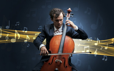 Young male musician playing on his cello with musical notes around