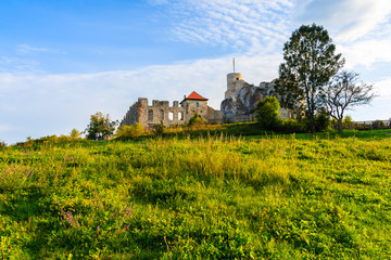 View of beautiful medieval Rabsztyn castle at sunset time, Poland