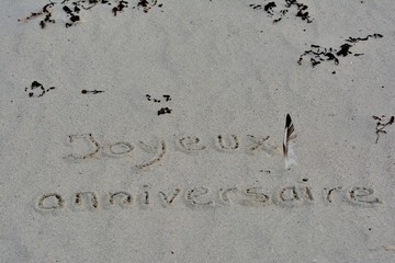 Joyeux anniversaire écrit sur le sable