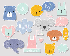 Set of cute baby shower stickers with cartoon animals and lettering. Vector hand drawn illustration.