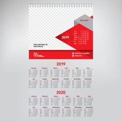 
Desk calendar for 12 months, 2019-2020 year, modern graphic design, A5 template for photo and text, red geometric background