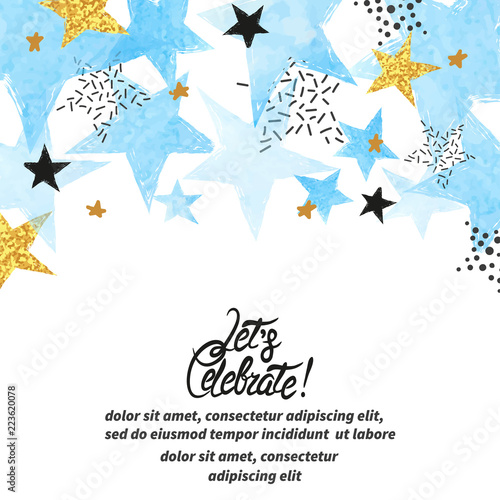 Abstract vector celebration background with blue watercolor stars and place for text.