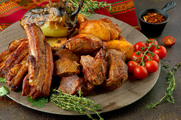 pork and chicken kebab with grilled vegetables