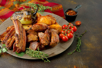 pork and chicken kebab with grilled vegetables