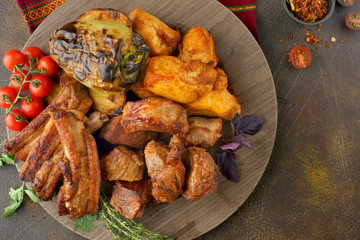 pork and chicken kebab with grilled vegetables