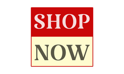 Shop Now - written on red card on white background
