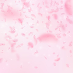Sakura petals falling down. Romantic pink flowers gradient. Flying petals on pink square background.