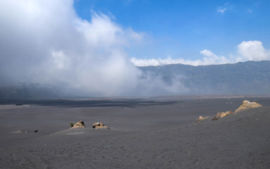 black ash sand dunes in Bromo Tengger national park, Whisper sand at Java island in JAVA, INDONESIA