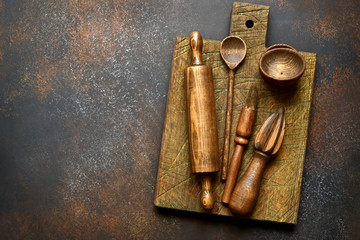 Wooden rustic kitchen props. Top view with copy space.