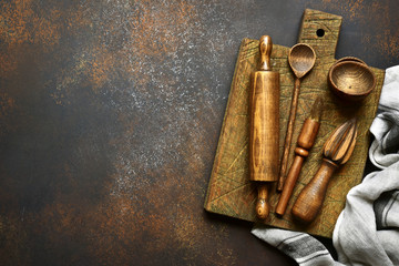 Wooden rustic kitchen props. Top view with copy space.