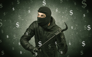 Money hungry thief in black clothes and tolls on his hand.