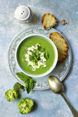 Healthy broccoli soup.Top view with copy space.