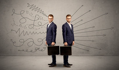 Young conflicted businessman choosing between two directions with arrows and scribbles around him