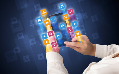 Female hand using smartphone with colorful angular fast switching application icons around
