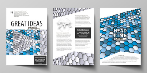 Business templates for brochure, magazine, flyer, report. Cover design template, vector layout in A4 size. Blue and gray color hexagons in perspective. Abstract polygonal style background.