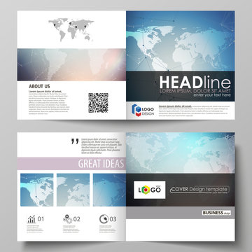 The minimalistic vector illustration of the editable layout of two covers templates for square design brochure, flyer, booklet. Polygonal geometric linear texture. Global network, dig data concept.