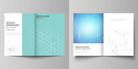 The vector layout of two A4 format cover mockups design templates for bifold brochure, flyer, report. Technology, science concept. Molecule structure, connecting lines and dots. Futuristic background