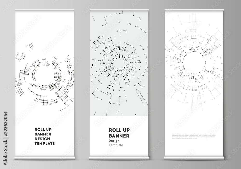 Poster the vector layout of roll up banner stands, vertical flyers, flags design business templates. networ