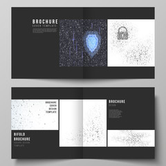 The black colored vector layout of two covers templates for square design bifold brochure, flyer, booklet. Binary code background. AI, big data, coding or hacker concept, digital technology background