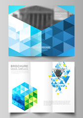 The minimal vector illustration of editable layouts. Modern creative covers design templates for trifold brochure or flyer. Blue color polygonal background with triangles, colorful mosaic pattern.
