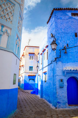 Beautiful street of blue medina in city Chefchaouen,  Morocco, Africa.