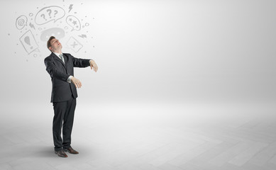 Sleeping sickness young businessman with questions, staffs in his head