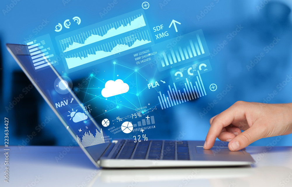 Poster hand using laptop with cloud technology and linked information concept