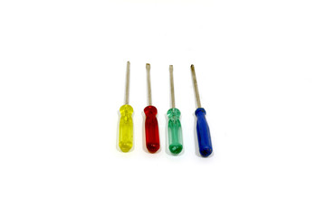Four colorful shiny metal and plastic tool screwdriver for repair