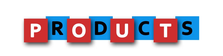 Products - letters written in beautiful boxes on white background