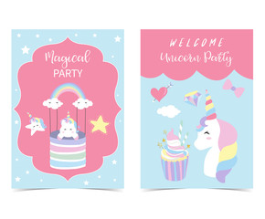 Pastel pink blue card with unicorn,head,rainbow,star,heart,arrow,ribbon and diamond.