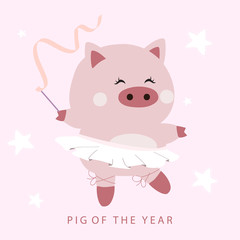 Pastel pink hand drawn cute card with dancing pig,ballet shoes and ribbon.Pig of the year 2019