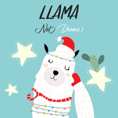 Blue pink hand drawn cute card with llama,cactus and star in merry christmas, Llama not drama