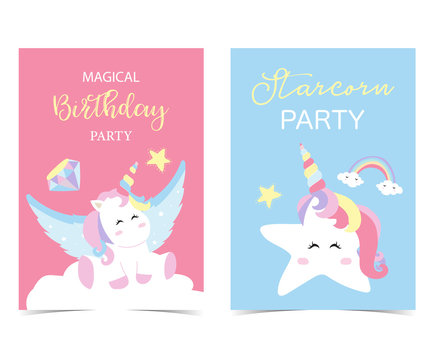 Pastel pink blue card with unicorn,wing,head,rainbow,star,diamond and cloud