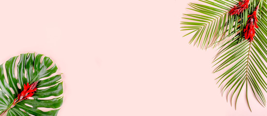 Tropical palm leaves and flowers Cannes on pink background with more space for text. Flat lay, top view minimal concept.