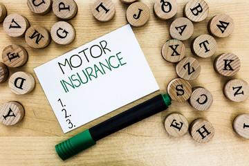 Writing note showing Motor Insurance. Business photo showcasing Provides financial compensation to...