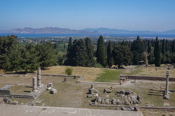 Kos, Greece: View of Turkey across the Aegean Sea, from the ancient ruins of the Asclepion on the...