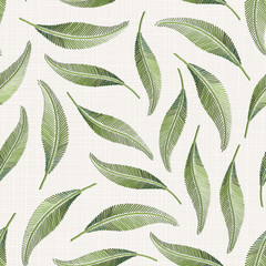  Embroidery floral seamless pattern on linen cloth texture